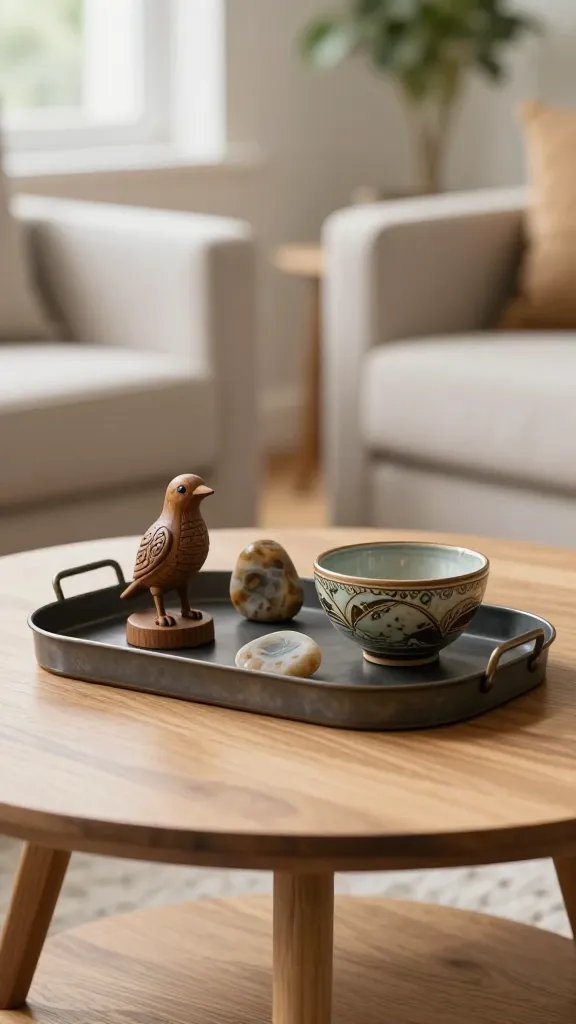 A high-quality, realistic photo showcasing a small, round wooden coffee table with a light, natural finish, positioned in a bright and inviting living room. Centered on the tabletop is a rectangular, neutral-toned metal tray (e.g., matte black or brushed bronze), elegantly displaying a curated collection of travel souvenirs. The collection includes a small, intricately carved wooden statue of an exotic bird, a unique hand-painted ceramic bowl with an earthy texture and subtle patterns, and a smooth, polished river stone with visible geological layers. The items are thoughtfully arranged to create a personal narrative of adventures. Soft natural light streams in from a nearby window, highlighting the textures and details of the souvenirs. The background features a blurred, cozy sofa upholstered in a light fabric and a hint of a green houseplant, keeping the focus sharply on the coffee table display. Shallow depth of field. No text.