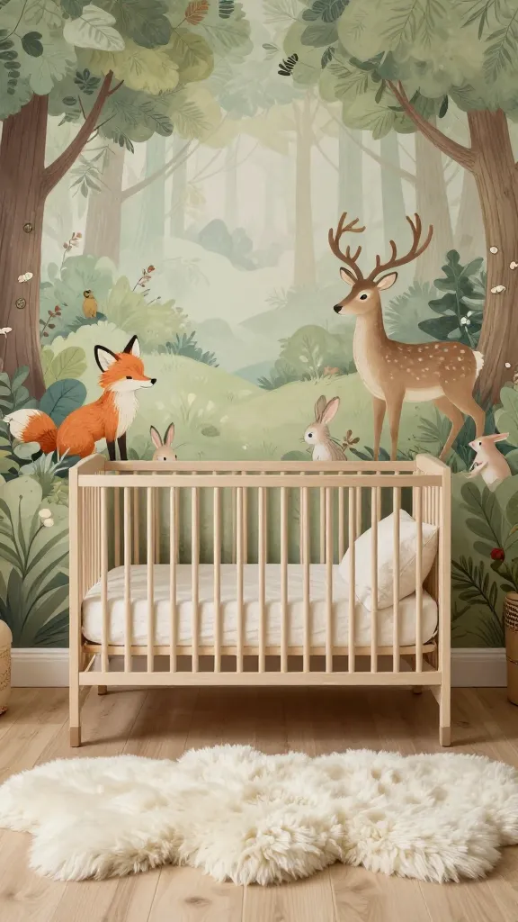 A high-quality, realistic photograph of a beautifully designed baby girl nursery featuring an Enchanted Forest Whimsy theme. The focal wall showcases a subtle, hand-painted mural depicting a gentle forest scene with friendly, illustrative woodland creatures like a curious fox, a graceful deer, and playful bunnies peeking from behind soft green trees and bushes, all rendered in muted, earthy tones and light sage green hues. A natural wood crib with soft, cream-colored organic cotton bedding is positioned against this mural. A thick, plush, off-white sheepskin rug covers a significant portion of the light wood floor, adding incredible coziness. Natural light streams into the room, highlighting the soft textures and creating a serene, imaginative, and inviting atmosphere.