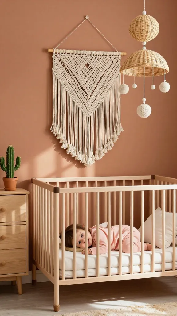 A high-quality, realistic photo of a serene and inviting baby girl's nursery, designed in a 'Boho Desert Dream' theme. The room features a warm color palette dominated by terracotta, sandy beige, and soft blush pink. A light, natural wood crib is the focal point, with a large, intricately textured macrame wall hanging positioned directly above it. A simple rattan mobile gracefully hangs above the crib. On a nearby light wood dresser or shelf, a small, cute, safe faux cactus adds a touch of desert charm. Natural light streams into the room, creating an airy and warm atmosphere, highlighting the natural textures of the macrame, rattan, and wood. A happy and content baby girl is gently playing or resting in the crib, looking towards the camera with a sweet expression, embodying the cozy and effortlessly stylish vibe of the space.
