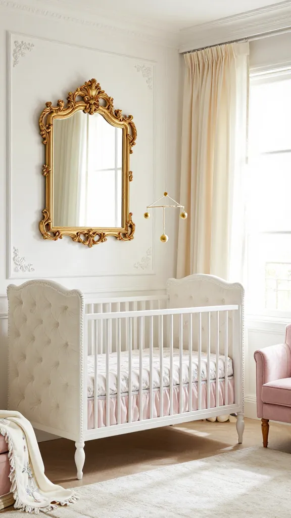 A high-quality, realistic photograph of a luxurious baby girl nursery designed in a Classic Parisian Chic style. The room is bathed in soft, natural light, featuring crisp white and creamy ivory walls. A beautiful, tufted white crib with delicate blush pink bedding and a subtle gold mobile is the centerpiece. An ornate, gold-framed mirror hangs gracefully on one wall, reflecting the elegant space. Delicate floral patterns subtly adorn textiles, such as a throw blanket draped over a blush pink velvet armchair. Soft, flowing silk drapes in a creamy ivory frame a large window. Hints of pale grey are present in subtle accents, contributing to the refined, gentle, and utterly beautiful atmosphere of this sophisticated Parisian-inspired nursery.
