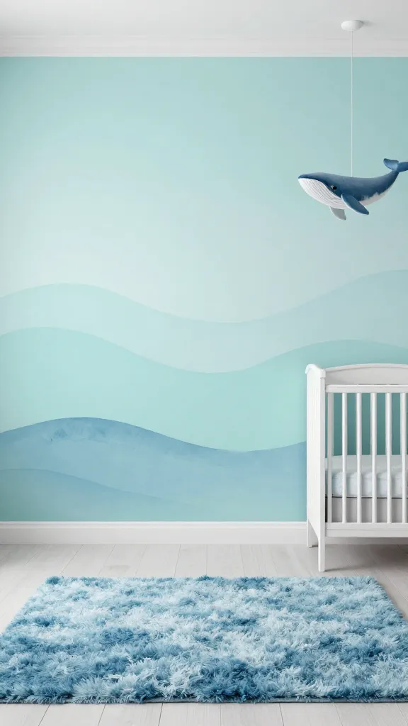 A high-quality, realistic photograph of a serene and tranquil baby girl nursery, designed with an Oceanic Serenity theme. The room is bathed in a calming palette of soft aqua blues, gentle seafoam greens, and crisp whites. A prominent feature wall displays subtle watercolor wave patterns. A plush, thick rug in varying shades of blue mimics the ocean floor, centrally placed in the room. Soft, warm ambient lighting creates a dreamy, aquatic glow, enhancing the peaceful atmosphere. A delicate whale mobile hangs gracefully above a modern white crib. No text.