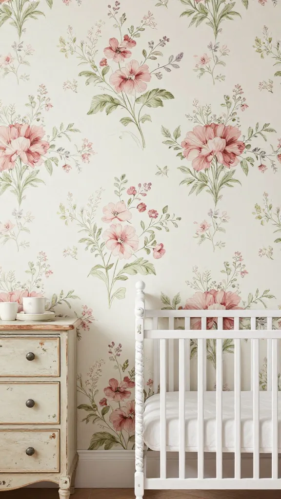 A high-quality, realistic photo of a charming baby girl nursery designed in a vintage floral garden style, exuding a sweet, nostalgic, and cozy old-world charm. One accent wall is adorned with a beautiful ditsy floral wallpaper featuring muted shades of rose pink, soft lavender, and gentle leafy greens. In the foreground, a gently distressed white crib with classic antique-inspired details is positioned, and nearby, a vintage wooden dresser, subtly distressed, complements the timeless aesthetic. Soft, natural light fills the inviting space, highlighting delicate patterns and classic beauty. No text.