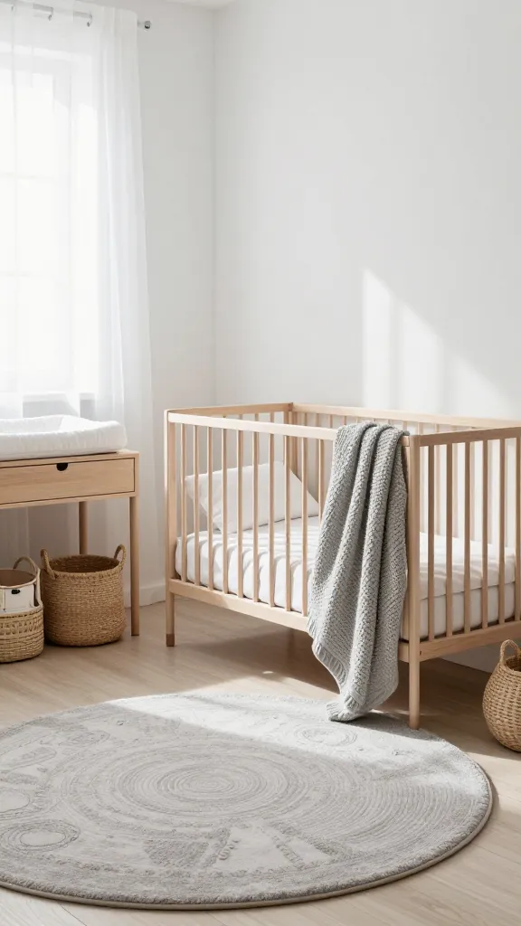 A serene, minimalist Scandinavian baby girl nursery, bathed in abundant soft natural light streaming through a window with sheer white curtains. The centerpiece is a simple, modern crib crafted from light wood, adorned with crisp white bedding and a soft, chunky knit blanket in a warm grey draped over one side. Adjacent to the crib is a sleek, light wood changing table with a white changing pad. The walls are painted in a crisp white, complemented by a large, plush round rug in a warm grey on the light-toned wooden floor. A few woven storage baskets made from natural fibers are neatly arranged near the changing table, holding baby essentials. The overall atmosphere is calm, uncluttered, and effortlessly modern, with a focus on clean lines and functionality. High-quality photograph, realistic, no text.