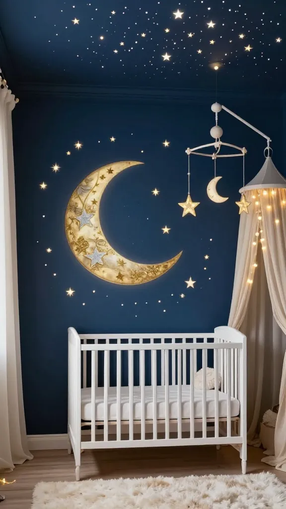 A high-quality, realistic photo of a magical and enchanting baby girl nursery, designed with a celestial stargazer theme. The room features a dramatic backdrop of rich midnight blue walls. On the main wall, a beautifully detailed hand-painted crescent moon shines gently, surrounded by an array of shimmering gold and silver star decals that catch the light. The ceiling is adorned with numerous glow-in-the-dark star decals, hinting at a starry night sky. Soft, warm twinkling string lights are subtly integrated throughout the room, creating a magical glow. Above a classic white wooden crib, a delicate star and moon mobile rotates gently. Accents of soft cream are incorporated through a plush rug and elegant drapery, completing the cosmic feel. The scene is cozy, inviting, and inspires big dreams.