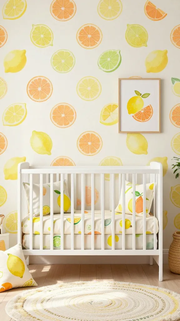 A sun-drenched, cheerful baby girl nursery designed with a 'Sweet Citrus Burst' theme. The room features a clean white crib dressed with soft cream bedding, adorned with playful lemon, tangerine orange, and lime green fruit motifs. The accent wall behind the crib is covered in a vibrant yet gentle citrus-patterned wallpaper, showcasing stylized lemons, oranges, and limes against a creamy white background. Pops of cheerful lemon yellow, soft tangerine orange, and a hint of fresh lime green are incorporated through decorative pillows, a plush round rug, and framed wall art depicting abstract citrus illustrations. Natural light streams into the room, enhancing the fresh, energetic, and joyful atmosphere. High-quality, realistic photo, no text.
