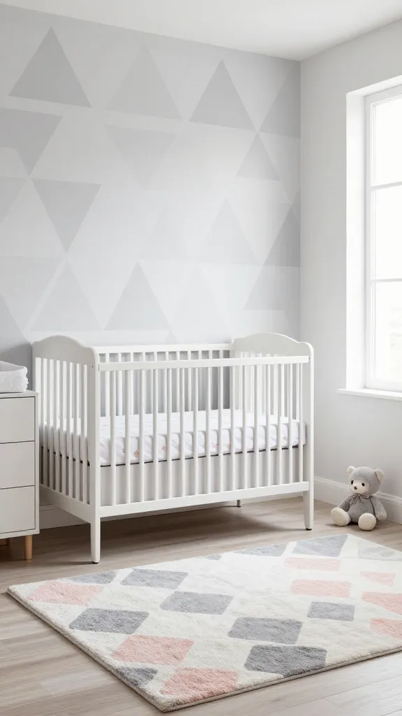 A high-quality, realistic photo of a modern baby girl's nursery. The room features a sophisticated and sleek design, dominated by a refined palette of soft greys and crisp whites, with delicate pops of muted blush pink. The accent wall behind a streamlined white crib showcases a large-scale, subtle geometric pattern, such as interlocking triangles or abstract shapes, in varying shades of light grey and white. A plush area rug on the light wood floor displays a contemporary geometric design, perhaps a soft honeycomb or abstract block pattern, in grey, white, and blush pink. The crib is dressed with minimalist white bedding, including a fitted sheet with tiny blush pink geometric motifs. A sleek, white changing table/dresser with clean lines stands nearby. Soft, diffused natural light streams into the room from a large window, creating a bright and inviting atmosphere. A few carefully selected, modern plush toys in grey and white are subtly placed, complementing the elegant and playful aesthetic, where the geometric patterns are the stars.