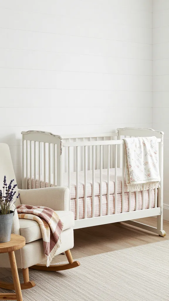 A high-quality, realistic interior photograph of a charming baby girl nursery, exuding a farmhouse rustic charm. The walls are clad in pristine white shiplap, creating a clean yet textured backdrop. A beautifully distressed white wooden crib takes center stage, dressed with soft gingham bedding in a muted blush pink and cream, with a delicate, subtle floral print blanket draped over one side. Beside the crib, a cozy, cream-upholstered rocking chair is invitingly positioned, featuring a soft plaid throw in warm, earthy tones of cream, light brown, and dusty rose draped over its back. A small, decorative galvanized metal bucket holds a sprig of dried lavender on a natural wood side table next to the rocking chair. The room is bathed in soft, natural light, highlighting the warm, inviting, and character-filled atmosphere. The overall scene blends country comfort with modern style, perfectly suited for a baby girl.