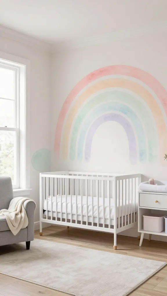 A high-quality, realistic photograph of a beautifully styled baby girl nursery, exuding a joyful, vibrant, yet calming atmosphere. The room features a sophisticated, muted rainbow color palette, prominently displayed in a subtle watercolor-style mural on the main wall, with soft, dusty shades of pink, peach, mint green, sky blue, and pale lavender. A sleek white modern crib, dressed in crisp white bedding, is centrally placed against the mural. Adjacent to it, a matching white changing table holds a few delicate baby items in coordinating muted tones. A comfortable light grey upholstered glider with a soft cream throw blanket is positioned by a large window, allowing ample natural light to fill the space. The overall design is playful and chic, avoiding any harsh primary colors, creating a fresh and serene environment. Professional interior photography, wide shot, inviting perspective, no text on image.