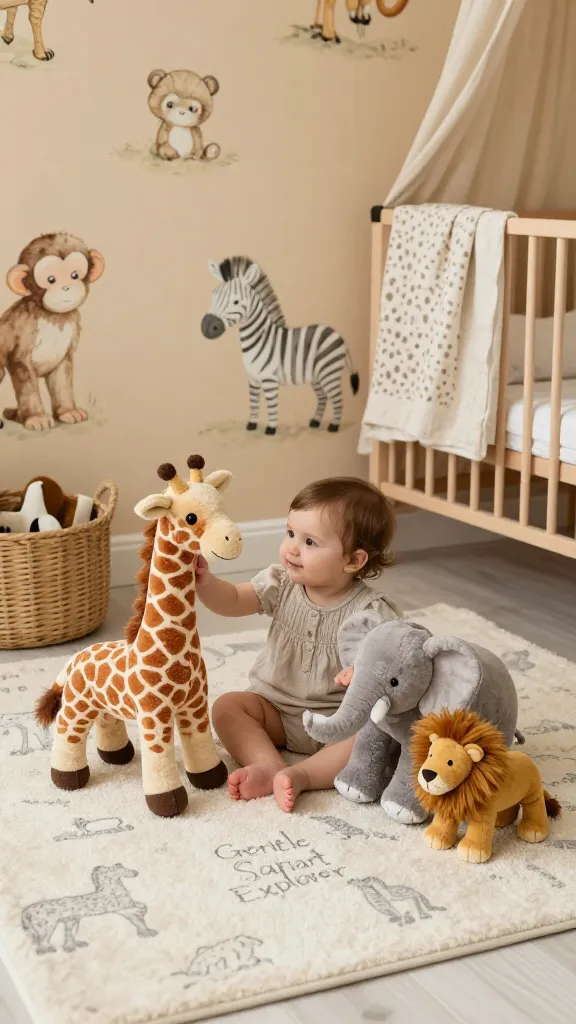 A high-angle, realistic, high-quality photograph captures a charming baby girl, approximately 6-12 months old, sitting contentedly on a soft, creamy white rug with a subtle, light grey animal print in a "Gentle Safari Explorer" themed nursery. She is playfully interacting with a collection of plush, friendly safari animal toys, including a tall sandy beige giraffe, a cuddly soft grey elephant, and a small lion, all appearing well-loved. The background features a feature wall painted in a warm sandy beige, adorned with delicate watercolor-style art prints of baby safari animals like a curious monkey and a gentle zebra. A natural wood crib, partially visible, is dressed with creamy white linen sheets and a throw blanket featuring a very subtle leopard print. Soft, diffused natural light streams into the room, highlighting the cozy atmosphere and the various natural textures, such as a woven storage basket filled with more toys and a linen curtain. The overall scene evokes a playful, educational, and incredibly cute safari adventure, with a palette of warm neutrals dominating the space. No text.
