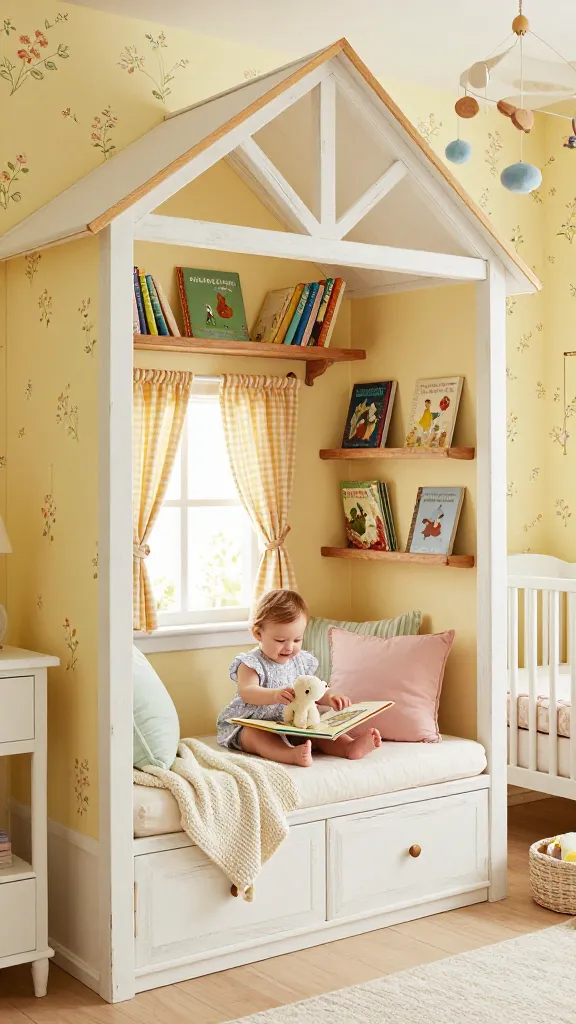 A wide, high-quality, realistic photo of a whimsical baby girl nursery designed as a storybook cottage. The walls are a soft pale butter yellow adorned with delicate floral wallpaper. A prominent, cozy reading nook features a distressed white wooden cushioned bench, piled with pastel-colored throw pillows, and rustic wooden shelves overflowing with classic children's storybooks. A happy baby girl, around 9-12 months old, is sitting on the bench, gently interacting with a soft toy or a board book. A window is dressed with charming gingham curtains. Distressed white wooden nursery furniture, like a crib or dresser, is subtly visible in the background. The room is bathed in soft, warm natural light, creating an enchanting and comforting atmosphere. Handmade touches, such as a knitted blanket or a small, whimsical mobile, add to the rustic, magical vibe. No text.