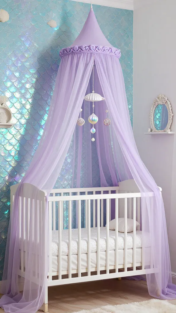 A high-quality, realistic photograph of an enchanting baby girl's nursery designed as an 'Under the Sea Mermaid Lagoon'. The room is bathed in a magical, shimmering light, evoking a whimsical underwater world. An accent wall behind the crib features elegant, iridescent mermaid scale wallpaper in shimmering teal and soft lavender. The white wooden crib is dressed with pearl white bedding and a flowing, sheer canopy that drapes like gentle underwater currents. Above the crib hangs a delicate mobile adorned with shimmering shell shapes and iridescent pearls. Soft lavender curtains made of flowing fabric mimic water, complementing the iridescent pearl white walls. Shell-shaped decor, such as a small decorative mirror or shelf accents, are subtly placed. Tasteful, subtle glitter accents are integrated into the decor, reflecting light beautifully and adding to the underwater magic. The overall ambiance is whimsical, serene, and enchanting, perfectly capturing a fantastical ocean theme for a little water baby. No text.