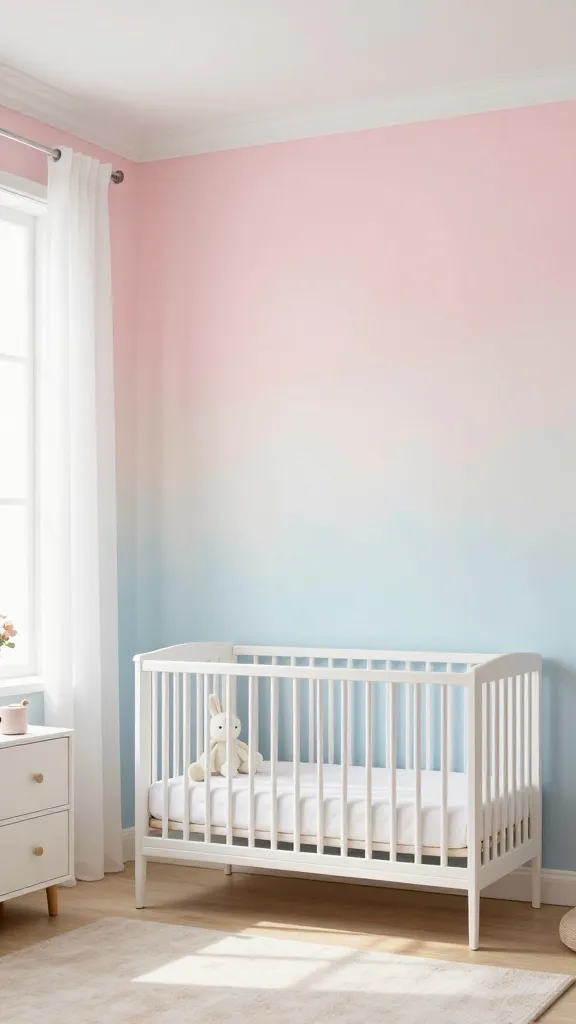 A wide-angle, high-quality professional interior photograph of a serene and ethereal baby girl nursery. The back wall features a stunning, soft gradient watercolor wash, subtly blending from a delicate blush pink at the top into a pale sky blue at the bottom. A modern, minimalist white wooden crib with crisp white bedding is positioned centrally against this feature wall. To the left, a simple white dresser with clean lines holds a few essential baby items. Soft, natural daylight streams into the room from a large window on an adjacent wall, creating an airy and tranquil atmosphere. Light, sheer white curtains frame the window. A small, plush white bunny toy rests gently on the crib mattress. The flooring is a light-colored wood, partially covered by a soft, light-toned rug. The overall aesthetic is incredibly beautiful, artistic, and calming, with no text or branding visible.