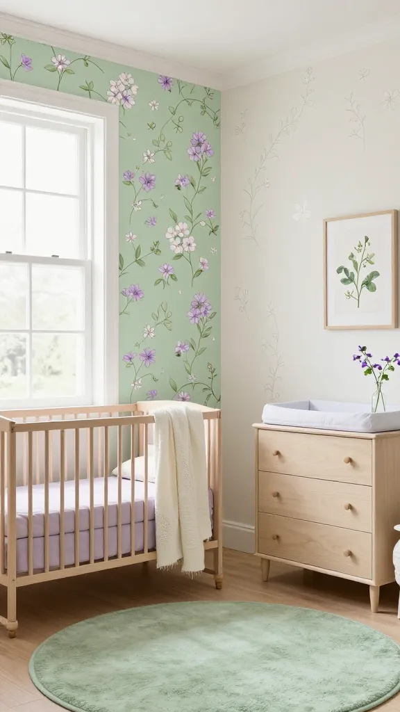 A realistic, high-quality photograph of a serene and charming baby girl nursery, bathed in abundant natural light streaming through a large window. The room embodies a 'Sweet Pea Garden' theme, with a delicate palette of soft pea green, gentle lavender, and creamy white. A prominent accent wall is adorned with exquisite sweet pea floral wallpaper, featuring clusters of tiny blossoms and graceful vines in the specified color palette. The remaining walls are painted a creamy white, subtly enhanced with delicate, barely-there vine decals. A light wood crib, dressed with a soft lavender fitted sheet and a creamy white knitted blanket, stands against the accent wall. Adjacent is a matching light wood dresser with a changing pad, topped with a framed botanical print of sweet peas and a small, clear vase holding a few fresh, fragrant sweet pea stems. The floor is light wood, partially covered by a round, plush rug in a muted pea green. The overall ambiance is airy, fresh, and wonderfully serene, evoking the beauty of a spring garden. No text.