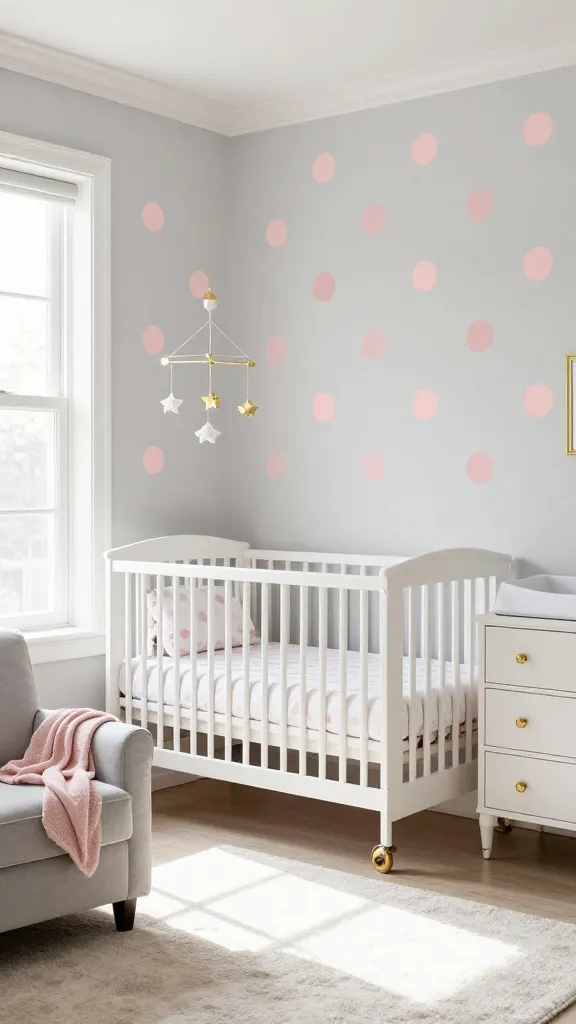 A high-quality, realistic photograph of a chic and cheerful baby girl nursery, designed with a playful polka dot party theme. The room is brightly lit by soft, natural daylight streaming through a large window, creating a warm and inviting atmosphere. The walls are painted a gentle soft grey, adorned with an array of blush pink polka dot wall decals of various sizes, creating a dynamic and energetic visual. A classic white wooden crib, dressed with crisp white bedding featuring subtle blush pink polka dot patterns, serves as the focal point. Above the crib, a delicate gold mobile with small, abstract shapes hangs gracefully. Adjacent to the crib, a comfortable light grey upholstered glider with a blush pink throw blanket draped over it invites relaxation. A white dresser with elegant gold hardware and a changing pad is positioned against another wall. Gold accents are subtly integrated throughout, such as a small decorative frame or a lamp base. The floor is covered with a soft, light-colored rug. The overall aesthetic is playfully sophisticated, blending classic charm with modern chic. No text on image.