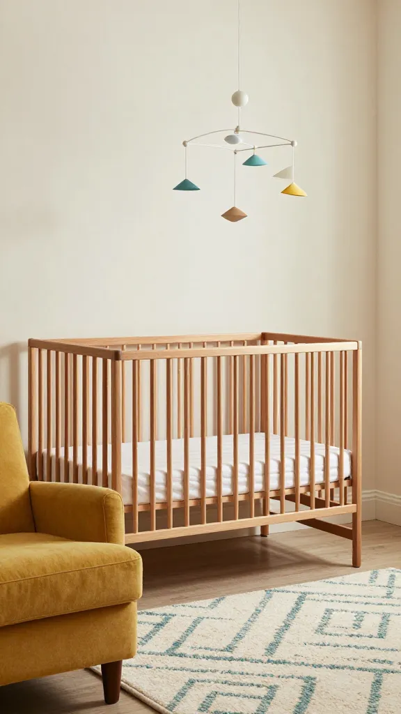 A high-quality, realistic photograph capturing a stylish and cozy baby girl's nursery, designed with a distinct mid-century modern aesthetic. The focal point is a beautiful, clean-lined mid-century modern crib crafted from warm teak wood, positioned against a creamy off-white wall. Above the crib, a delicate, vintage-inspired mobile with subtle geometric shapes in muted tones of soft teal and mustard yellow gently sways. A soft, plush area rug featuring a subtle geometric pattern in a blend of off-white and soft teal covers the floor. An iconic-shaped, low-slung armchair upholstered in a rich mustard yellow sits in a corner, adding a pop of sophisticated color. The room is bathed in warm, natural light, emphasizing the clean lines of the furniture and the harmonious, muted color palette. The overall ambiance is inviting, unique, and practical, blending vintage charm with modern elegance. No text.