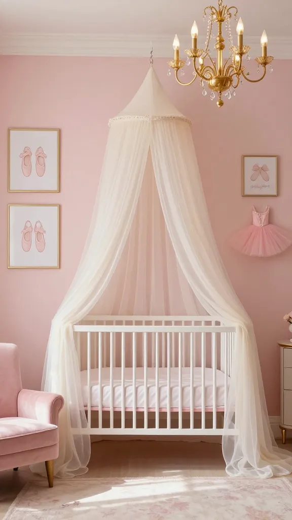 A professional, high-quality photograph of a luxurious baby girl's nursery, inspired by a 'Ballerina's Blush Boutique' theme. The room is bathed in a delicate color palette of various blush pinks, creamy ivory, and subtle gold accents. Dominating the scene is a pristine white crib, elegantly draped with a flowing, sheer ivory tulle canopy, creating a dramatic, stage-like effect. On the soft blush pink walls, framed art prints of delicate ballet slippers and a decorative blush pink miniature tutu are thoughtfully arranged. A delicate gold chandelier hangs gracefully from the ceiling, emitting a soft, warm light. Textural richness is evident with elements like a velvet glider chair in a soft pink hue and satin crib sheets. The overall atmosphere is refined, dreamy, and utterly feminine, captured with soft, natural light filtering into the room. No text.