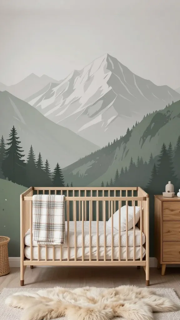 A realistic, high-quality photograph of a tranquil baby girl's nursery room, centered around a stunning feature wall. This wall is adorned with a custom mountain mural in soft greys, crisp whites, and muted forest greens, creating a serene and adventurous backdrop. A natural wood crib, dressed with cozy, textured white and cream bedding, is positioned against the mural. Adjacent to the crib stands a matching natural wood dresser. A plush, light-colored faux fur rug rests on the floor, adding warmth and softness. A subtle plaid flannel blanket is neatly folded over the crib's railing, enhancing the cabin-like atmosphere. The room is bathed in soft, diffused natural light, emphasizing the peaceful and inviting space perfect for a little explorer. No text.