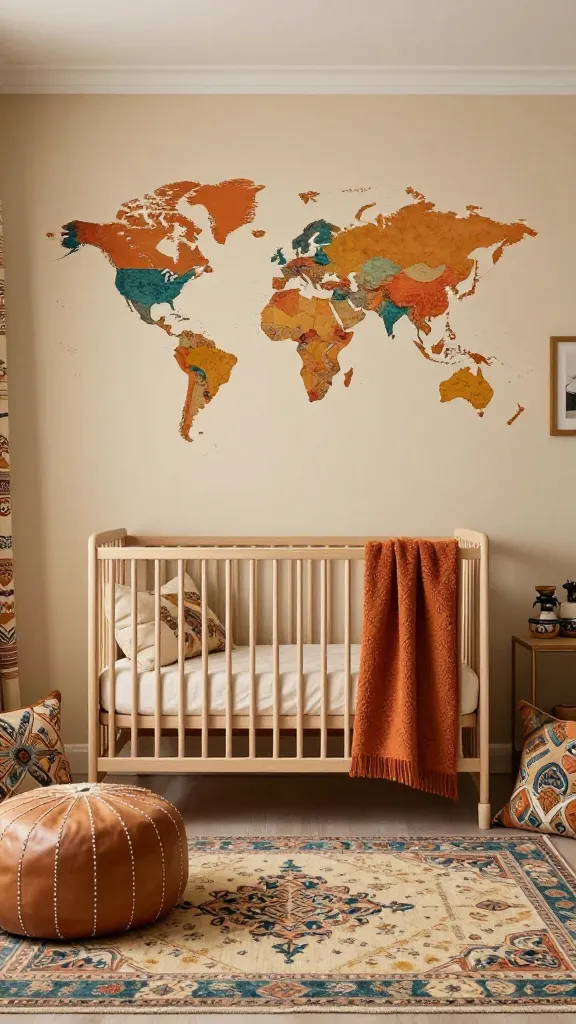 A wide, high-quality, realistic photograph of a charming and cozy baby girl nursery, designed with an eclectic global traveler theme. The walls are painted a soft, creamy tan, creating a warm, neutral foundation. A large, detailed decorative world map, rendered in muted jewel tones of burnt orange, deep teal, and mustard yellow, is the prominent focal point on the main wall. In the center, a simple, light-toned wooden crib is dressed with crisp, cream bedding, and a soft, textured throw blanket in a burnt orange hue is draped over its side. On the floor, an authentic Moroccan leather pouf in a natural, earthy tone adds a touch of global texture. A plush area rug beneath the crib features a subtle yet intricate Indian block print pattern, incorporating deep teal and mustard yellow. Various textiles with rich textures and layered patterns, such as throw pillows with global motifs or a patterned curtain in complementary muted jewel tones, are subtly integrated throughout the room. Small, unique decorative items with an international flair are thoughtfully arranged on a nearby shelf or dresser, suggesting collected keepsakes. The room is bathed in soft, natural light, creating an inviting and serene atmosphere. No text on image.
