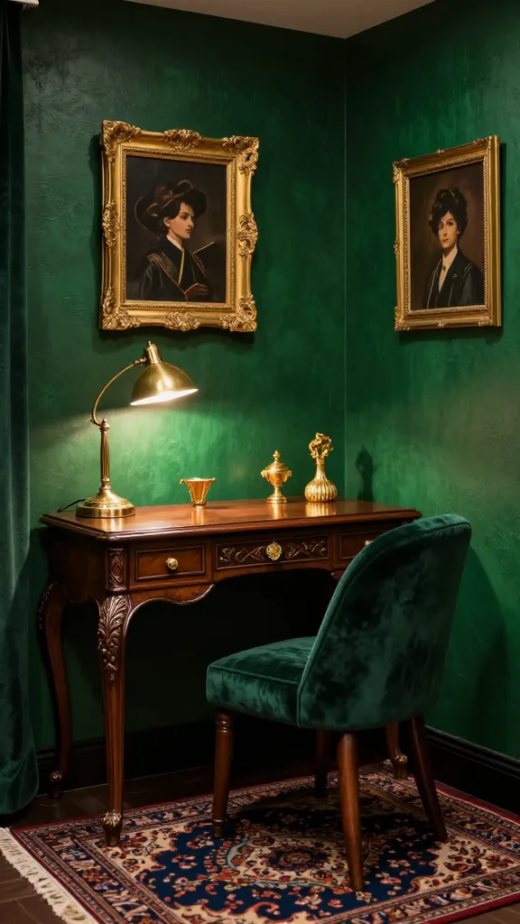 A high-quality, realistic photo of a tiny, moody maximalist home office designed as a jewel box. The small room features deep emerald green walls with a subtle, rich texture. A small, ornate dark wood desk with intricate carvings and gold hardware is positioned centrally, topped with a vintage-style brass lamp and a few curated gold decorative objects. An opulent, deep emerald green velvet desk chair with dark wooden legs is pulled up to the desk. Gold-framed artwork with dark, rich subjects hangs on the walls, and a small, richly patterned oriental rug in jewel tones covers part of the floor. Soft, warm lighting from the desk lamp creates dramatic shadows, enhancing the luxurious, hidden treasure, and statement-making atmosphere. The space feels incredibly dramatic, unique, and inspiring, showcasing that 'more is more' in a compact setting. No text.