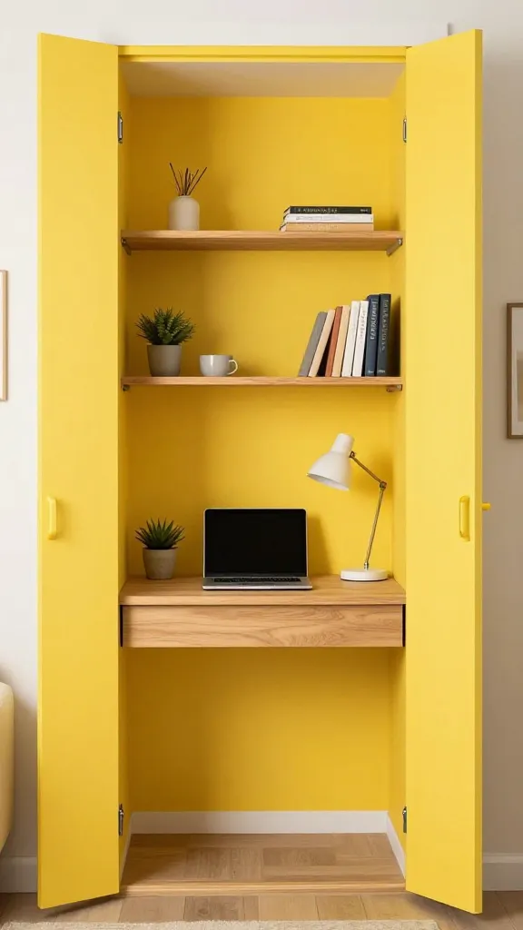 A high-quality, realistic photo capturing a cleverly designed small home office inside an open closet conversion. The interior walls of the closet are painted a bright, energizing sunny yellow. A sturdy, thick light-toned wooden shelf serves as the main desk surface, holding a modern laptop, a minimalist desk lamp, and a small potted succulent. Above the desk, two additional floating shelves display neatly organized office supplies, a few books, and a small decorative item. The closet doors are fully open, revealing the entire functional setup, and the surrounding room subtly suggests a cozy living area. The scene is well-lit, emphasizing the efficient use of space and a vibrant, organized aesthetic.