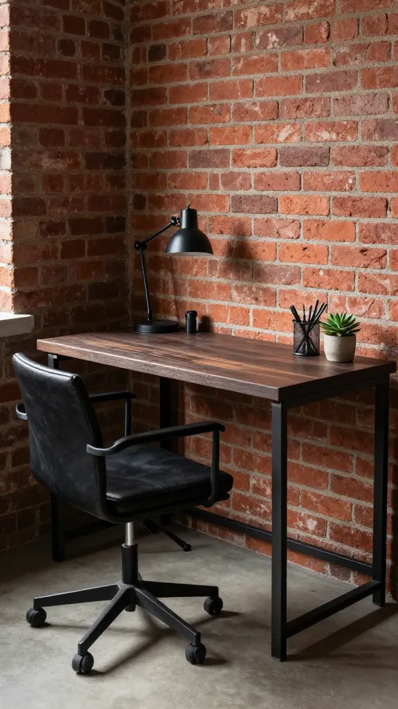 A high-quality, realistic photo of a small, industrial chic home office, meticulously arranged in the corner of a room. The centerpiece is a sleek desk featuring a sturdy dark metal frame supporting a thick, distressed dark wood top. Paired with it is a vintage-style drafting chair upholstered in rich black leather, positioned for comfort. The walls behind the desk are adorned with striking exposed red brick, lending an authentic urban loft aesthetic. Soft, natural light streams in from an unseen window, casting subtle shadows and highlighting the textures, creating a surprisingly cozy and inviting atmosphere. On the desk, a minimalist black metal task lamp and a few curated, industrial-inspired office accessories (e.g., a metal pen holder, a small potted succulent) are neatly organized, emphasizing functionality and style. The image captures a perfect balance of ruggedness and sophistication in a compact, creatively functional space, rendered with sharp focus and a shallow depth of field.