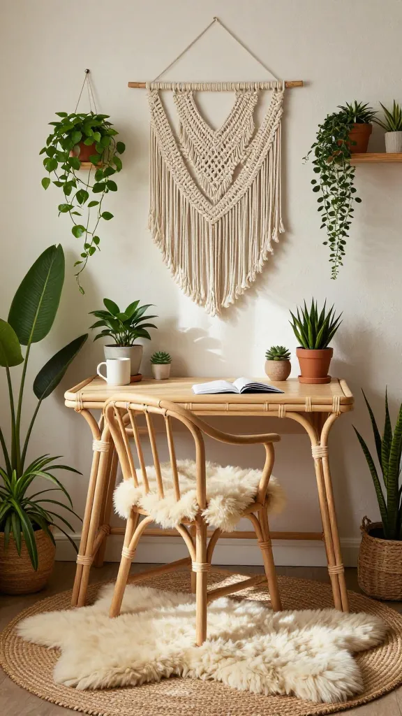 A high-quality, realistic photo of a small home office designed as a boho-chic dream nook. The focal point is a compact, light-toned rattan desk with a simple, comfortable wooden chair, featuring a soft off-white sheepskin throw, tucked beneath it. The desk is nestled in a cozy corner, against a textured, light-colored wall adorned with a prominent, intricate macrame wall hanging featuring delicate fringe details. The floor beneath is layered with a natural round jute mat, topped by a plush, creamy sheepskin rug. The space is vibrant with an abundance of lush green plants of varying sizes, including a tall floor plant, a cascading hanging plant near the desk, and smaller potted succulents and herbs on the desk and a nearby floating shelf. Soft, warm natural light streams into the space, creating a serene and inviting atmosphere. A few bohemian-inspired accessories, such as a ceramic mug, a notebook, and a small decorative crystal, are neatly arranged on the desk. The overall impression is one of a creative, relaxed, and inspiring escape, exuding good vibes. Sharp focus, naturalistic lighting, no text.
