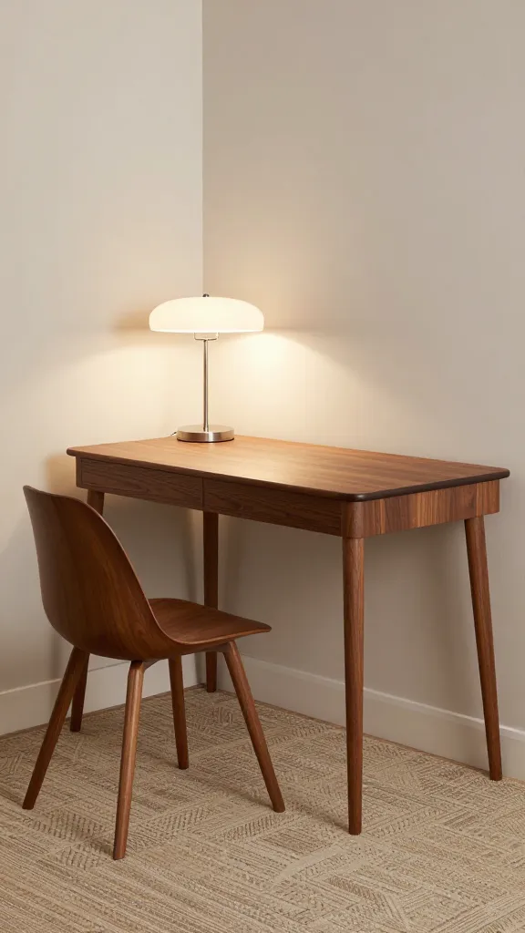 A high-quality, realistic photo of a compact Mid-Century Modern home office setup. The focal point is a sleek, dark walnut desk with elegant tapered legs, positioned neatly in a well-lit corner of a small room. Paired with the desk is a classic Eames-style molded plywood chair in a complementary wood finish. A subtle geometric print rug in muted, warm tones grounds the space, while a vintage-inspired table lamp with a clean, sculptural design sits on the desk, providing soft, warm light. The background is simple and uncluttered, perhaps a light-colored wall, allowing the iconic shapes and warm wood tones to stand out. The scene embodies a sophisticated, chic, and timeless elegance, showcasing efficient use of a tiny space. No text.