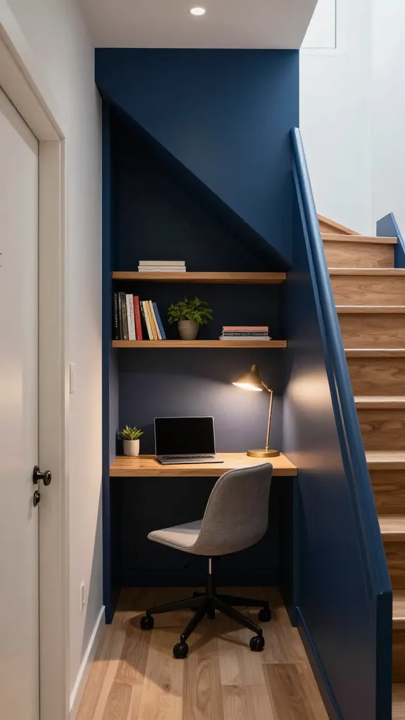 A high-quality, realistic photograph capturing a charming and highly functional small home office nestled directly under a modern, open-tread staircase. The entire interior of this custom-built nook is painted a deep, rich navy blue, creating a striking, intentional contrast against the light, neutral walls of the adjacent hallway. Integrated custom wooden shelving maximizes every inch of vertical space, displaying a few curated books and a small potted plant. A sleek, custom-fitted desk surface, also in a natural wood tone, is built directly into the space, featuring a minimalist laptop setup and a stylish, comfortable office chair. A warm, focused task lamp provides ample illumination. The scene conveys a cozy, clever, and unexpected hideaway, showcasing intelligent space utilization and a sophisticated design aesthetic. Soft, ambient light bathes the area, highlighting textures and details. No text on image.