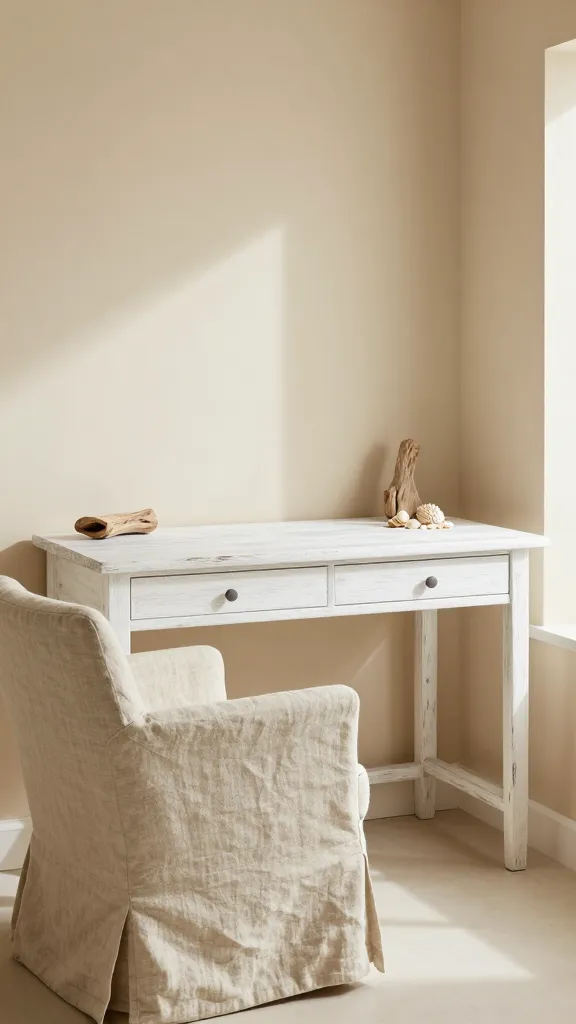 A small, sun-drenched coastal-inspired home office. A rustic white-washed wooden desk is positioned against a soft sandy beige wall, bathed in bright, natural light. A comfortable armchair with a natural linen slipcover is pulled up to the desk. On the desk, subtle decorative elements include a small, smooth piece of driftwood and a delicate collection of seashells. The space feels incredibly light, airy, and relaxing, evoking the soothing vibes of a permanent beach vacation. High-resolution, professional interior photography, realistic, no text.