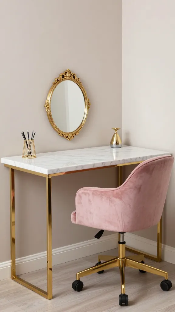 A high-resolution, professional photograph of a glamorous small home office nook. The focal point is a slim, elegant white marble-top desk with sleek, polished gold metal legs. A plush blush pink velvet ergonomic office chair is perfectly positioned at the desk. On the desk, there's a chic gold wire desk organizer holding a few elegant pens, and a small, round ornate gold-framed mirror leans against a light neutral wall. The space is bathed in soft, inviting natural light, highlighting the opulent textures and metallic accents, creating a luxurious and sparkling ambiance. The background is clean and minimalist, emphasizing the compact yet incredibly stylish nature of the office.