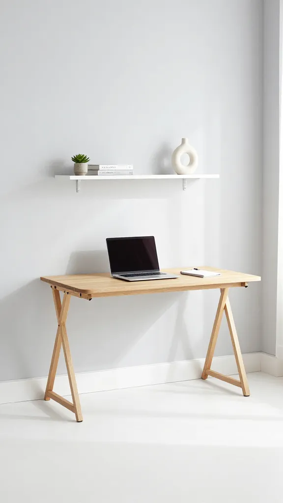 A high-resolution, realistic interior design photograph of a minimalist small home office in a micro-apartment. The focal point is a sleek, light-toned wooden fold-down desk, elegantly mounted against a clean, pale grey wall. The desk is shown in its ready-to-use position, with a slim laptop and a simple notebook neatly placed on its surface, highlighting its functionality. Above the desk, two slim, white floating shelves display a curated selection of items: a small potted succulent, a stack of two design books, and a single sculptural ceramic piece. The entire setup maintains a light and airy color palette, dominated by whites, light natural wood, and soft pastels, contributing to an open and uncluttered feel in the tiny space. The floor directly beneath and around the desk area is completely clear, emphasizing the maximized floor space. Bright, soft natural light streams in from an unseen window, illuminating the scene and creating a serene, productive atmosphere.