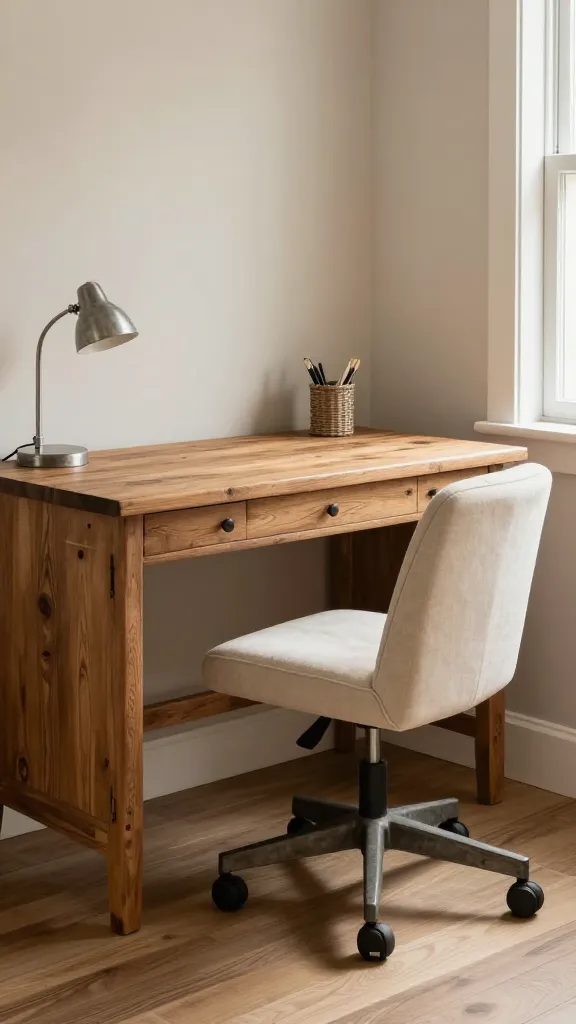 A high-quality, realistic photograph of a small, inviting modern farmhouse home office. The focal point is a sturdy reclaimed wood desk with visible grain and character, paired with a simple, comfortable office chair upholstered in a neutral cream fabric. On the desk, subtle galvanized metal accents are visible, such as a small desk lamp and a pen holder. A small woven storage basket sits neatly beside the desk. The room is bathed in warm, soft natural light, conveying a cozy, functional atmosphere that blends rustic charm with contemporary comfort and simplicity. No text.