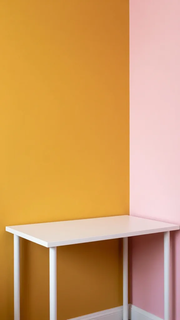 A high-quality, realistic photo of a small, vibrant home office designed for a tiny space. A prominent section of the back wall features bold, geometric colour-blocking in three distinct, contrasting hues: a rich mustard yellow, a warm terracotta, and a delicate pale pink, creating an energetic and creative focal point. A simple, minimalist white desk is positioned against this striking wall, allowing the vibrant paintwork to be the dominant visual element. The room is brightly lit, showcasing a playful, statement-making, and unique interior design.