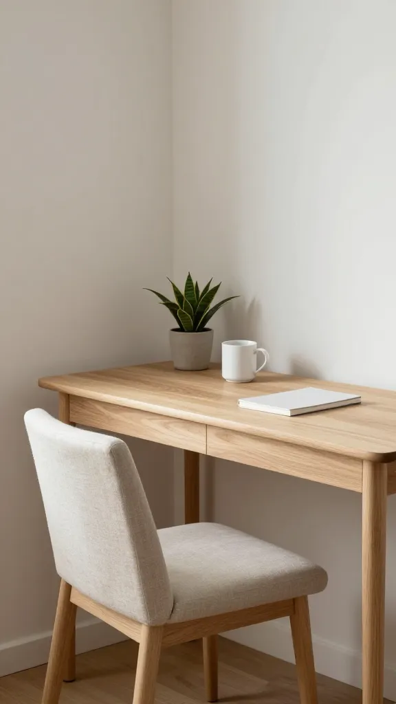 A high-quality, realistic photo of a small Japandi-style home office. A simple, low-profile desk crafted from light, natural wood is positioned against a clean, light-colored wall in a compact, serene room. An understated, comfortable chair with a light linen upholstered seat and back is neatly tucked under the desk. On the desk, decor is sparse and intentional: a minimalist white ceramic mug, a small potted green plant (such as a bamboo or snake plant), and a simple, unadorned notebook. Natural textures are prominent, including the light wood grain of the desk, the soft linen fabric of the chair, and the smooth ceramic. Soft, diffused natural light streams into the space, creating a tranquil, harmonious, and uncluttered atmosphere that encourages mindful work. No text.
