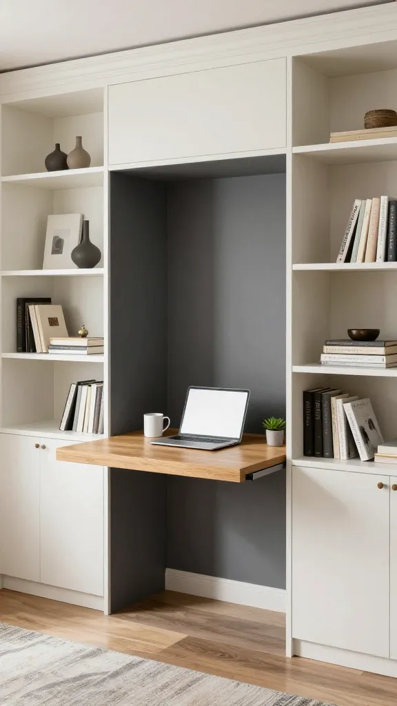 A high-quality, realistic interior photograph showcasing a sophisticated hidden small home office. The main subject is a custom-built, floor-to-ceiling bookcase in a modern living room, finished in a matte off-white. One central section of the bookcase features a deep, dedicated cubby designed to conceal a workspace. The interior walls of this cubby are painted a striking, contrasting charcoal gray, creating a defined visual space. A smooth, light oak pull-out desk surface extends from within the cubby, holding a sleek silver laptop, a minimalist white ceramic mug, and a tiny potted succulent. The surrounding shelves are artfully arranged with a curated selection of books, decorative vases, and subtle art pieces, making the desk almost imperceptible when not in use. The room is bathed in soft, natural daylight, highlighting the seamless integration and clever design. No text on image.
