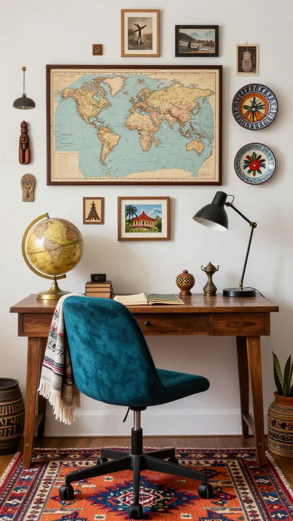 A high-quality, realistic photo of a small, vibrant eclectic home office designed as an 'explorer's basecamp'. A sturdy, dark wood vintage writing desk is paired with a sleek, comfortable modern ergonomic chair in a rich jewel tone like deep teal. The wall above the desk is a curated gallery of travel memories: a large framed vintage world map, small framed prints of diverse cultural art, and unique ethnographic souvenirs like a small carved wooden figurine or a hand-painted ceramic plate. On the desk, a brass globe, a stack of well-worn travel journals, and a modern desk lamp sit alongside a collection of small, intriguing artifacts from different countries. A colorful, patterned kilim rug grounds the space, adding texture and warmth. A cozy, textured throw blanket with an subtle ethnic pattern is draped over the chair. Natural light illuminates the collected treasures, creating an inspiring, personalized, and functional workspace that reflects a life of adventure and storytelling, perfectly organized for a tiny space. No text on images.