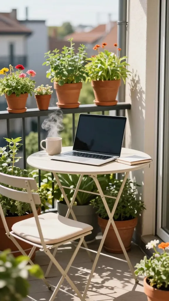 A high-resolution, realistic photo of a charming, sun-drenched small home office set up on a compact urban balcony. A light-colored, round foldable bistro table holds a sleek laptop, a steaming mug, and a small notebook. A comfortable, modern outdoor chair with a soft cushion is neatly tucked under the table. Several vibrant potted herbs and colorful flowers in terracotta pots are artfully arranged on the table and along the balcony railing, adding a touch of lush greenery. Bright natural sunlight bathes the scene, creating a warm and inviting atmosphere. The background shows a soft-focus hint of urban buildings, emphasizing the balcony's elevated position. The image is sharply focused with natural colors, evoking a sense of calm productivity. No text.
