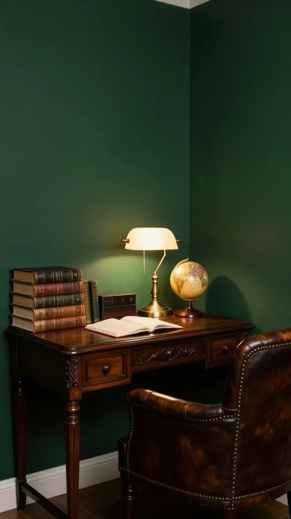 A high-quality, realistic photo of a small, inviting Dark Academia study nook. The walls are painted a deep, velvety forest green, creating a moody and sophisticated atmosphere. A compact, dark mahogany desk with intricate carved details is neatly tucked into a corner. A plush, vintage-style dark brown leather armchair with brass tacking is positioned comfortably in front of the desk. On the desk, a towering stack of leather-bound antique books is arranged next to a glowing, classic brass desk lamp, casting warm light onto an open notebook and a small, ornate vintage globe. The space evokes a sense of quiet contemplation and intellectual charm, resembling a cozy, personal library.