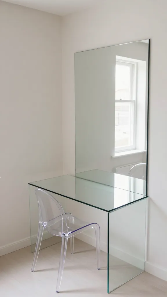 A high-angle, realistic photo of a tiny, modern home office designed for an illusion of expansive space. The focal point is a sleek, small glass-top desk positioned in a corner or against a light-colored wall. A clear acrylic "ghost" chair is neatly tucked under the desk. Directly opposite the desk, a large, frameless mirror covers a significant portion of the wall, reflecting the room, the desk, and the natural light streaming in from an unseen window. The overall aesthetic is minimalist and bright, with subtle light-colored walls and flooring, making the office almost disappear into its surroundings. Soft, diffused natural light illuminates the scene, highlighting the reflective surfaces and creating a sense of lightness and airiness. The image quality is sharp and detailed, showcasing the textures and reflections without any text overlays.