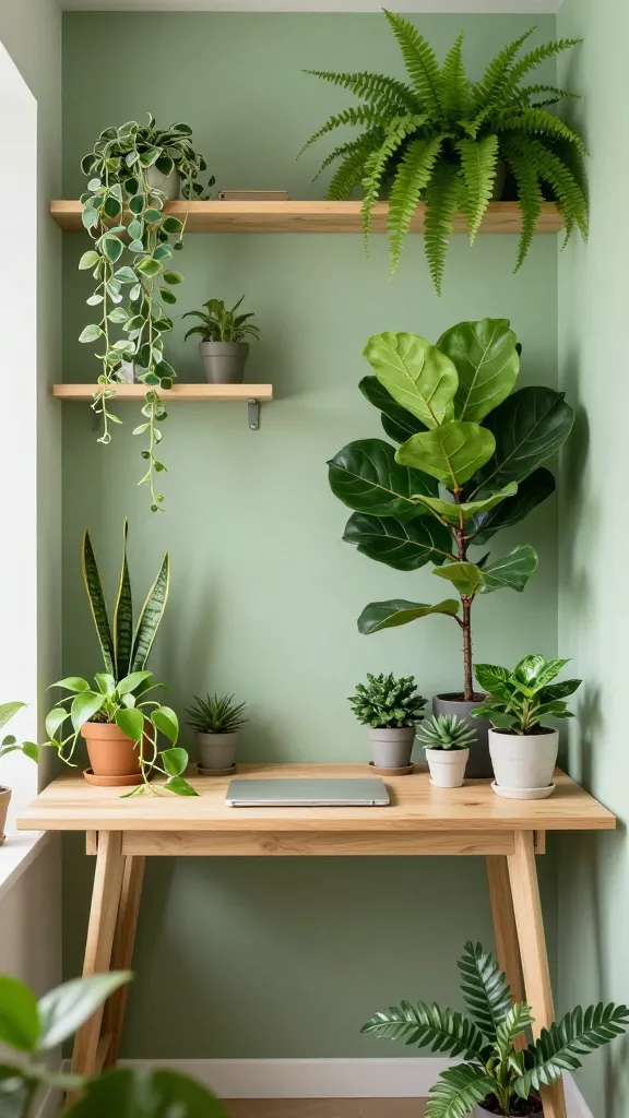 An eye-level, wide-angle shot of a compact, biophilic small home office desk setup, creating an urban jungle feel within a tiny living space. A minimalist, light natural wood desk is the focal point, positioned against a calming sage green wall. It is surrounded by an abundance of lush, vibrant greenery: a tall, leafy floor plant (e.g., a Monstera or Fiddle Leaf Fig) stands prominently next to the desk, while smaller potted plants (e.g., Pothos, Snake Plant, succulents) are artfully arranged on the desk surface. Delicate hanging plants (e.g., String of Pearls, Boston Fern) cascade from shelves or ceiling hooks above, adding depth. The space is bathed in soft, natural light, highlighting the organic textures of the plants and wood. The atmosphere is serene, fresh, and conducive to productivity, evoking a mini nature retreat. Realistic, high-quality interior photography, sharp focus, no text.