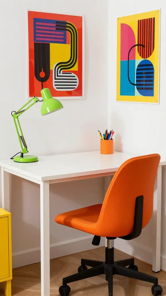 A high-quality, realistic photograph of a tiny, vibrant home office, exuding a playful Pop Art aesthetic. A sleek, minimalist white desk serves as the central workspace. Tucked beneath it is a modern, bright orange ergonomic office chair. On the desk, a stylish lime green desk lamp adds a striking splash of color. The wall above the desk is decorated with bold, high-energy Pop Art graphic prints featuring strong lines and primary colors, creating an inspiring and cheerful backdrop. The space is bathed in bright, natural light, emphasizing its compact yet highly functional and happy atmosphere. Shot with a wide-angle lens to capture the entire setup. No text.