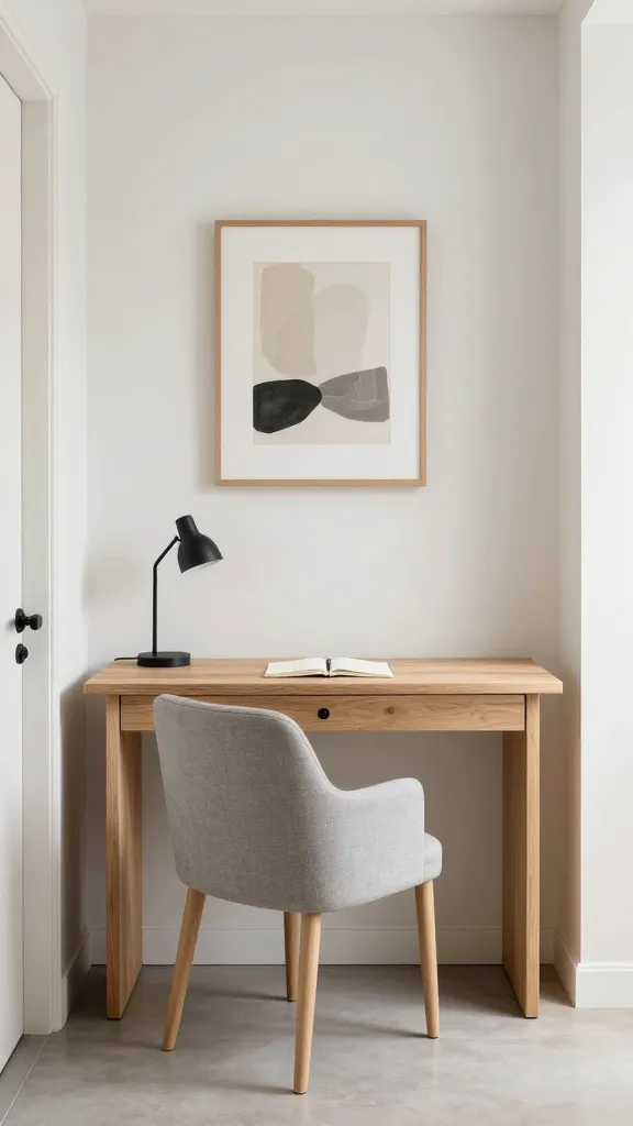 A high-quality, realistic photo of a beautifully integrated small home office. A sleek, narrow console table made of light natural wood, featuring a subtle integrated drawer, serves as a functional desk in a bright, minimalist hallway. A lightweight, armless chair upholstered in a light grey fabric is neatly tucked completely underneath the console table. On the table, a small, modern matte black task lamp sits beside a minimalist notebook and a pen. Above the console, a single, abstract piece of art with muted tones is elegantly framed. The scene emphasizes multi-functionality and blends seamlessly into the clean, uncluttered background, bathed in soft, natural daylight. Interior design photography, sharp focus, no text.