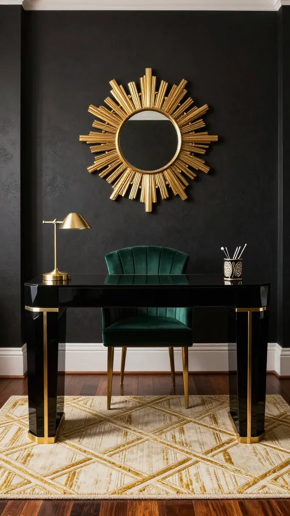 A high-quality, realistic photograph of a luxurious small Art Deco home office. The centerpiece is a sleek, black geometric desk with polished brass accents, positioned against a dark, subtly textured wall. A deep emerald green velvet fan-back chair is elegantly tucked under the desk. Above the desk, a prominent gold sunburst mirror reflects the ambient light, adding a touch of drama. A cream and gold geometric patterned rug covers the polished dark hardwood floor. On the desk, a small brass task lamp and a vintage Art Deco pen holder complete the sophisticated look. The compact space feels opulent and meticulously designed, bathed in soft, inviting light. No text.