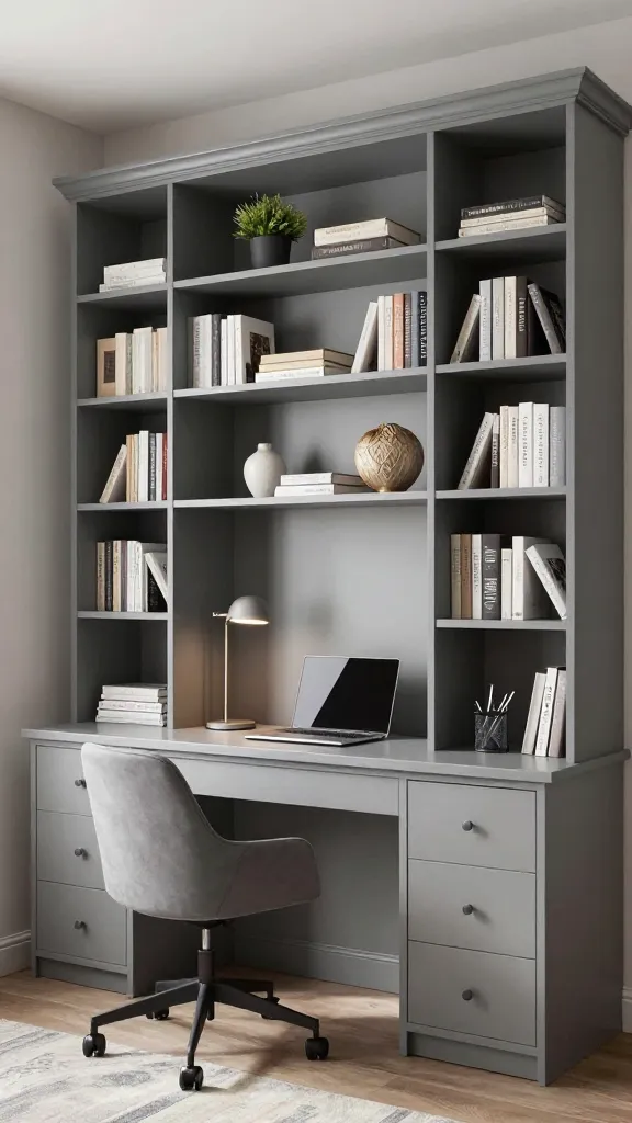 A high-resolution, professional interior photograph of a small, custom-built home office. The focal point is a floor-to-ceiling, built-in bookshelf unit painted in a sophisticated greige. A sleek desk surface is seamlessly integrated into the central section of this unit, flanked by shelves filled with neatly organized books and a few tasteful decorative items like a small potted plant and a ceramic vase. The desk area features clever, flush-fitting storage drawers. On the desk, there's a minimalist laptop, a modern desk lamp, and an elegant pen holder. A comfortable, contemporary office chair with a simple design is neatly tucked under the desk. Soft, diffused natural light illuminates the space, highlighting the polished finish and the meticulous organization. The overall aesthetic is clean, functional, and inviting, showcasing a perfect blend of style and efficiency for a compact area.