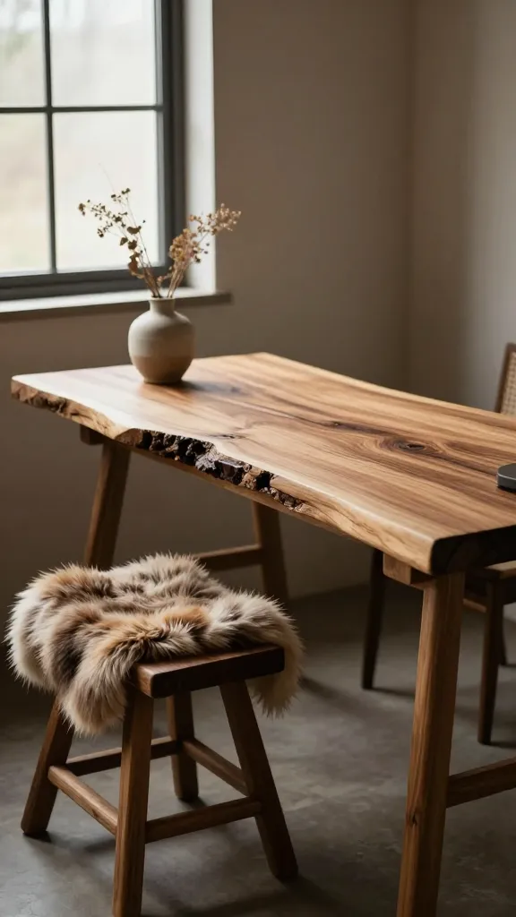A high-quality, realistic photo of a small, rustic chic home office setup. The focal point is a sturdy, thick live-edge wood slab desk, showcasing its natural grain and irregular edge. Paired with the desk is a simple, dark wooden stool, draped with a cozy faux fur throw in a warm, neutral tone. On the desk, a small minimalist ceramic vase holds a few dried botanicals, adding a touch of natural texture. The overall ambiance is warm, grounded, and wonderfully inviting, with soft, diffused natural light illuminating the space from a nearby window. The background suggests a cozy corner of a room, perhaps with a subtly textured wall in an earthy tone, emphasizing the 'tiny space' aspect without feeling cramped. The aesthetic blends cabin-in-the-woods ruggedness with refined, natural authenticity. No text.