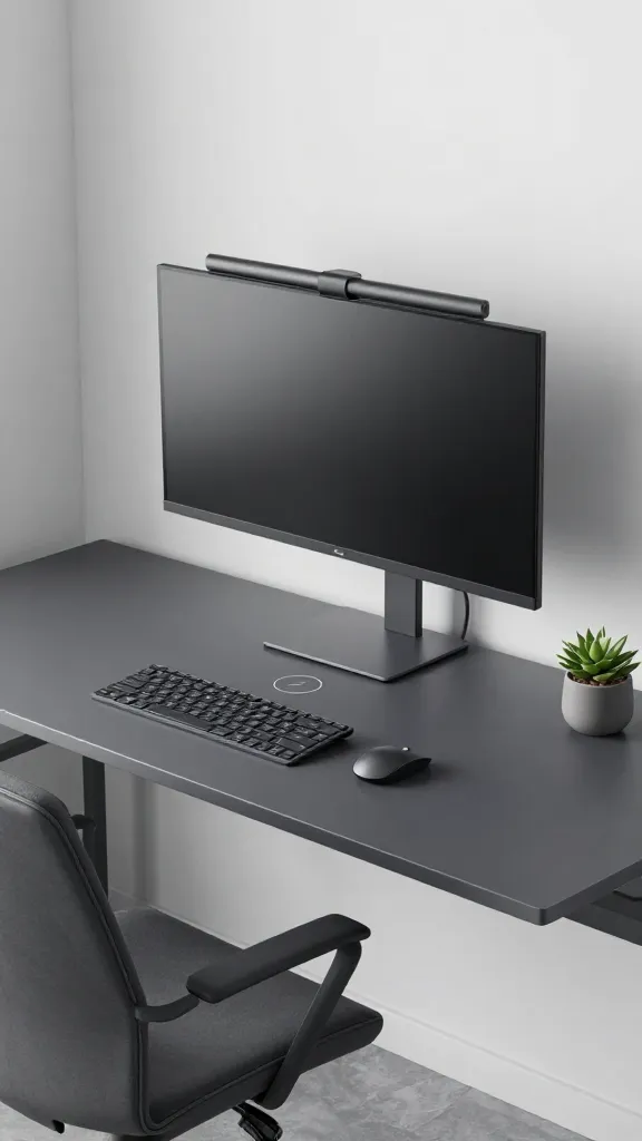 A high-quality, realistic photograph capturing a compact, modern home office designed as a smart tech hub. The central feature is a sleek, minimalist desk in a matte charcoal gray, seamlessly integrating hidden cable management and a subtle, flush-mounted wireless charging pad. Above the desk, a single, ultra-wide monitor is elegantly suspended on a slim, matte black ergonomic monitor arm, leaving the desk surface entirely clear. A high-end, thin laptop is discreetly docked, almost out of sight. The entire setup adheres to a sophisticated monochromatic palette of cool grays, crisp whites, and matte blacks. A wireless keyboard and mouse are precisely placed. Absolutely no cables are visible. The office is nestled in a bright, compact alcove, illuminated by soft, diffused natural light from an unseen window. A minimalist, dark gray ergonomic office chair is neatly tucked beneath the desk. A small, sculptural succulent in a matching gray ceramic pot provides a touch of organic texture. The image conveys a sense of extreme organization, cutting-edge functionality, and serene, future-proof productivity for a modern minimalist.