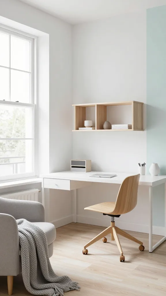 A professional, high-resolution interior photograph of a Scandinavian-style home office, meticulously designed for serenity and productivity. Abundant soft natural light streams in from a large window, illuminating the space. A sleek, minimalist white desk with clean, modern lines is positioned centrally, accompanied by an ergonomic office chair crafted from light natural wood. To one side, a simple, open geometric shelving unit made of birch wood displays a few carefully curated, minimalist items. In a cozy corner, a simple, light-toned armchair is draped with a chunky knit throw blanket in a soft gray. The walls are crisp white, complemented by subtle decorative accents in pale blue or mint green, and the flooring is light natural wood. The overall atmosphere is calm, uncluttered, and highly functional, embodying the tranquil beauty of Nordic design. No text.