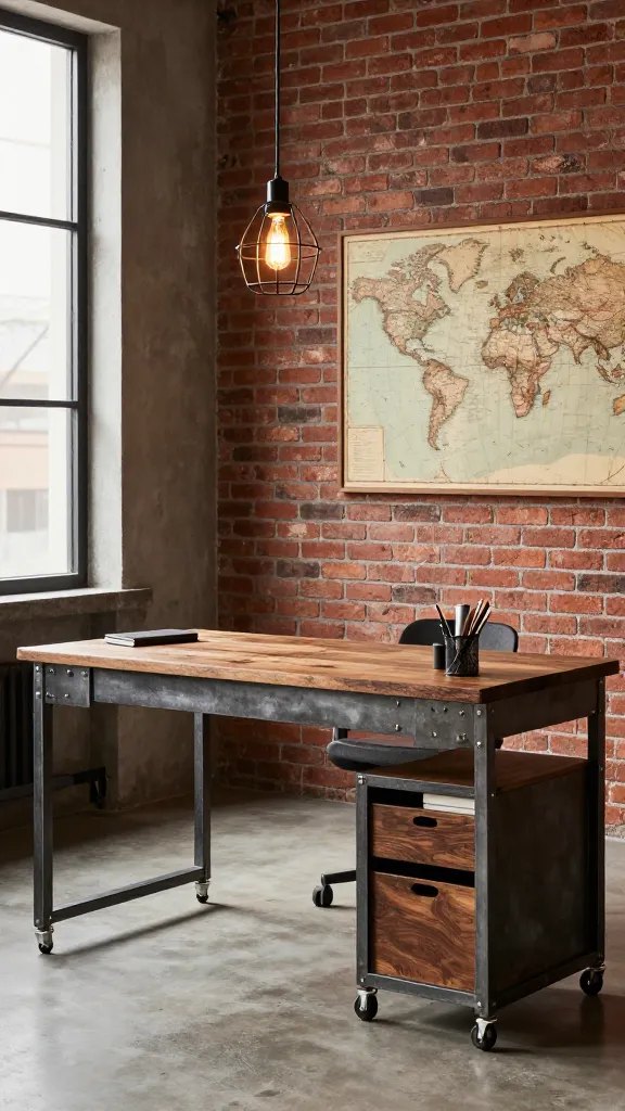 A high-quality, realistic photo of an industrial chic home office. The focal point is a sturdy, dark metal and reclaimed wood desk with visible bolts, positioned against a prominent exposed red brick accent wall. An Edison bulb pendant light fixture, encased in a black metal cage, hangs above the desk, casting a warm, ambient glow. To the side of the desk, an industrial-style rolling storage cart made of dark metal and wood, with caster wheels, holds various office supplies. A large framed vintage world map with aged parchment tones adorns the brick wall. The room is bathed in natural light from a large window, highlighting the raw textures and creating a robust, productive atmosphere.