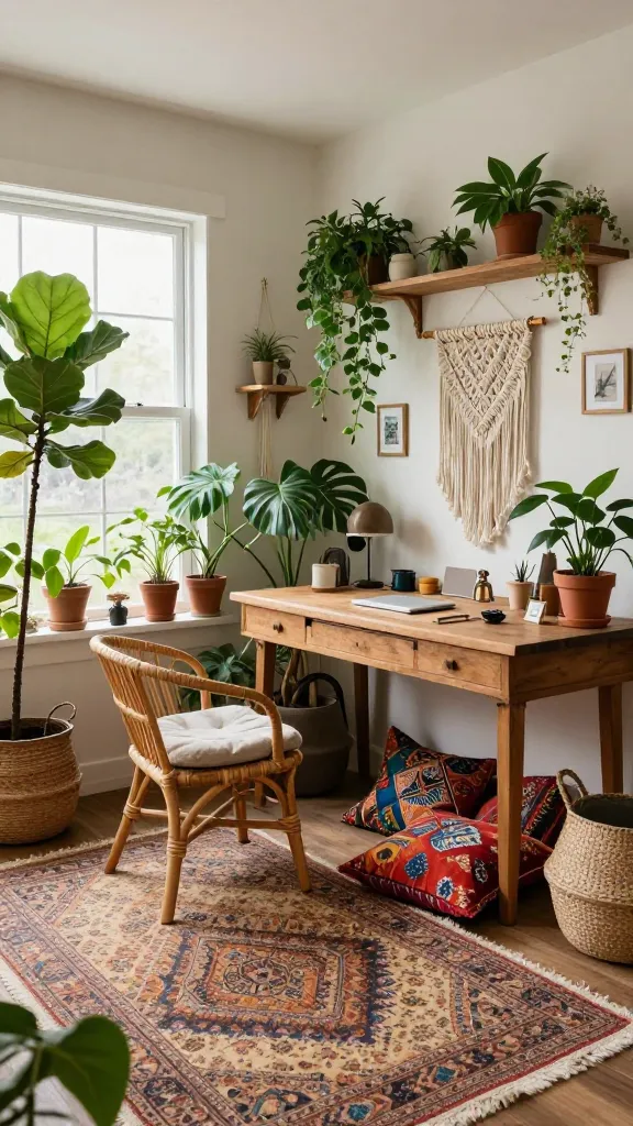 A realistic, high-quality, professional interior photograph of a vibrant and free-spirited bohemian home office. The room is anchored by a sturdy, distressed wood desk, artfully arranged with a mix of unique global decor elements and personal mementos, positioned to receive abundant, soft natural light from a large window. The floor is richly textured with a large jute rug, partially overlaid by a smaller, intricately patterned Persian rug in warm, earthy tones. A low-slung rattan chair with a plush cushion is placed near the desk, complemented by several colorful floor cushions creating an inviting, relaxed seating area. The space is a verdant sanctuary, brimming with an array of live potted plants, including a prominent Fiddle Leaf Fig, a sprawling Monstera, and various smaller hanging plants cascading from shelves and macrame hangers. The walls are adorned with intricate macrame wall hangings, adding artisanal texture. Woven baskets of different sizes are strategically placed throughout, serving as stylish, natural storage solutions. The overall aesthetic is a curated mix-and-match, creating a warm, inspiring, and wanderlust-infused atmosphere perfect for creative work and dreaming.