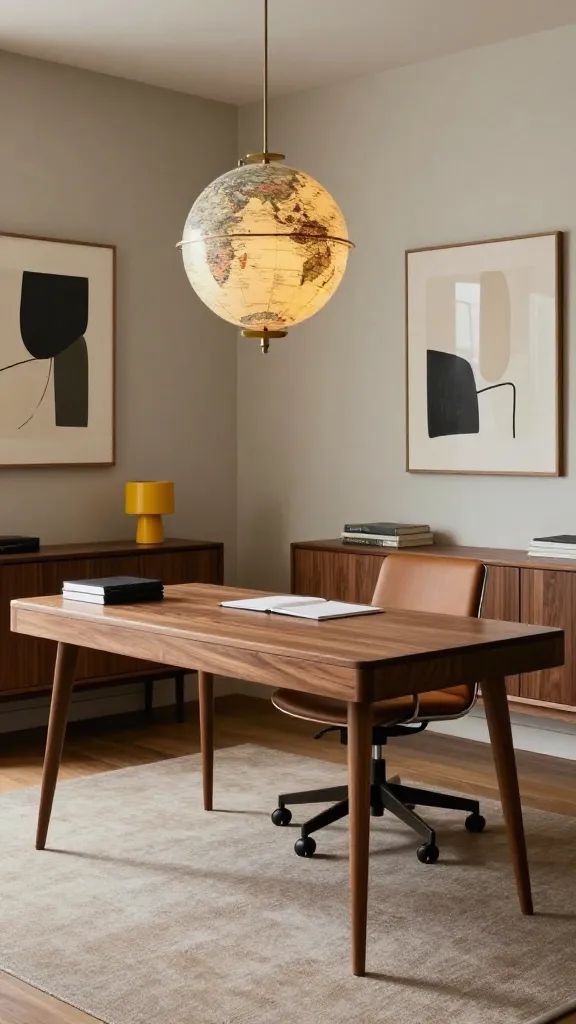 A high-quality, realistic photo of a sophisticated Mid-Century Modern home office. The central focus is a sleek walnut desk with elegant tapered legs, accompanied by an iconic Eames-style executive office chair. A vintage-inspired globe pendant light hangs gracefully above the desk area, casting a warm glow. Along an adjacent wall, a low-profile walnut credenza provides stylish storage and surface space. The walls feature a few carefully curated abstract art pieces with clean lines and organic shapes. A vibrant mustard yellow accent is subtly introduced through a desk accessory or a detail in the artwork, adding a pop of color to the otherwise sophisticated palette of warm wood tones and muted background hues. The room exudes timeless elegance, focused productivity, and a "Mad Men" era aesthetic, with natural light highlighting the rich textures and forms. No text.